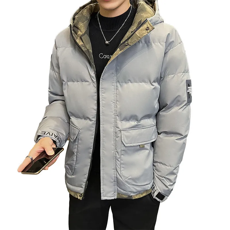 Men's hooded cotton-padded coat in loose cardigan style, black colour, with polyester filling