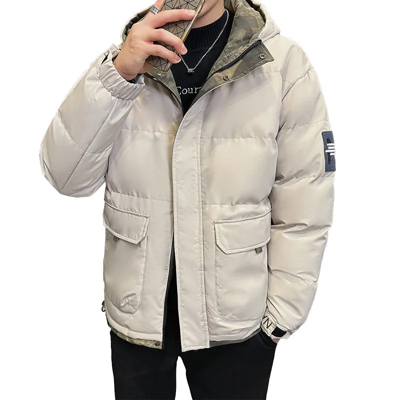 Men's hooded cotton-padded coat in loose cardigan style, black colour, with polyester filling