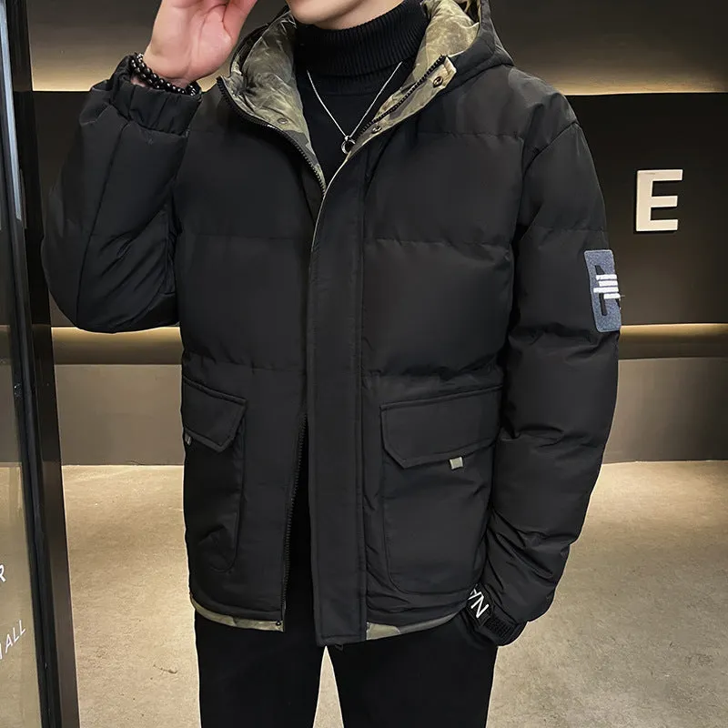 Men's hooded cotton-padded coat in loose cardigan style, black colour, with polyester filling