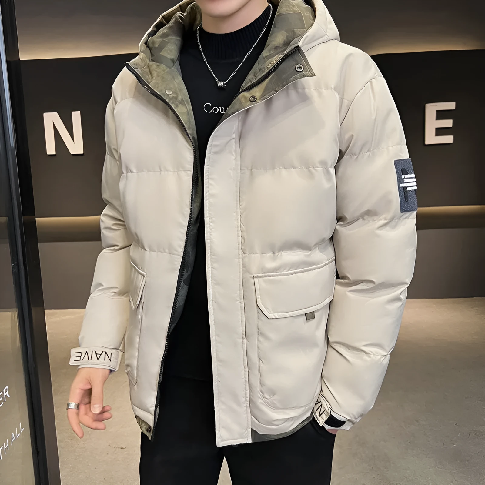 Men's hooded cotton-padded coat in loose cardigan style, black colour, with polyester filling