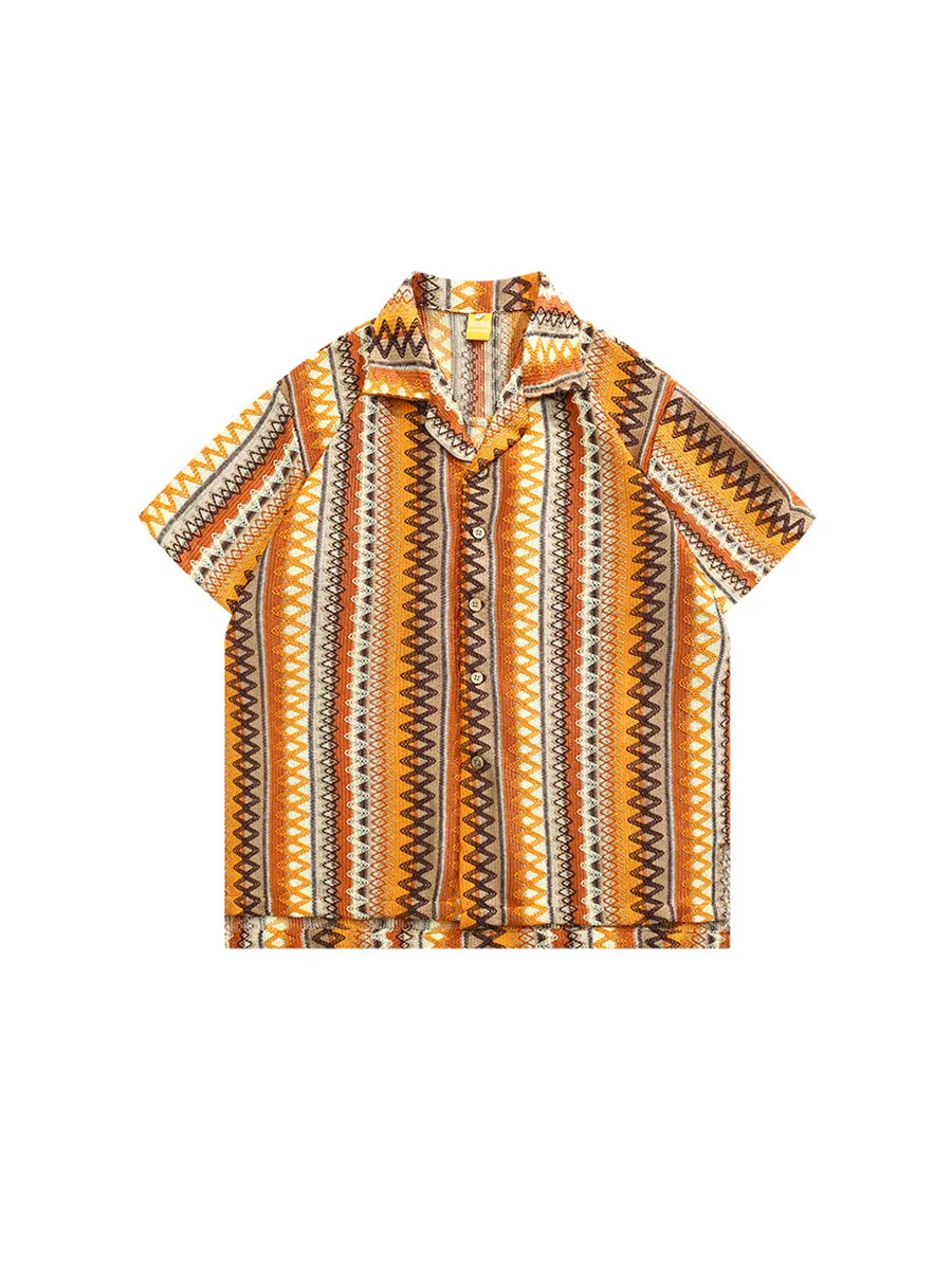 Ethnic woven Cuban collar shirt with contrast colours and drop-shoulder short sleeves