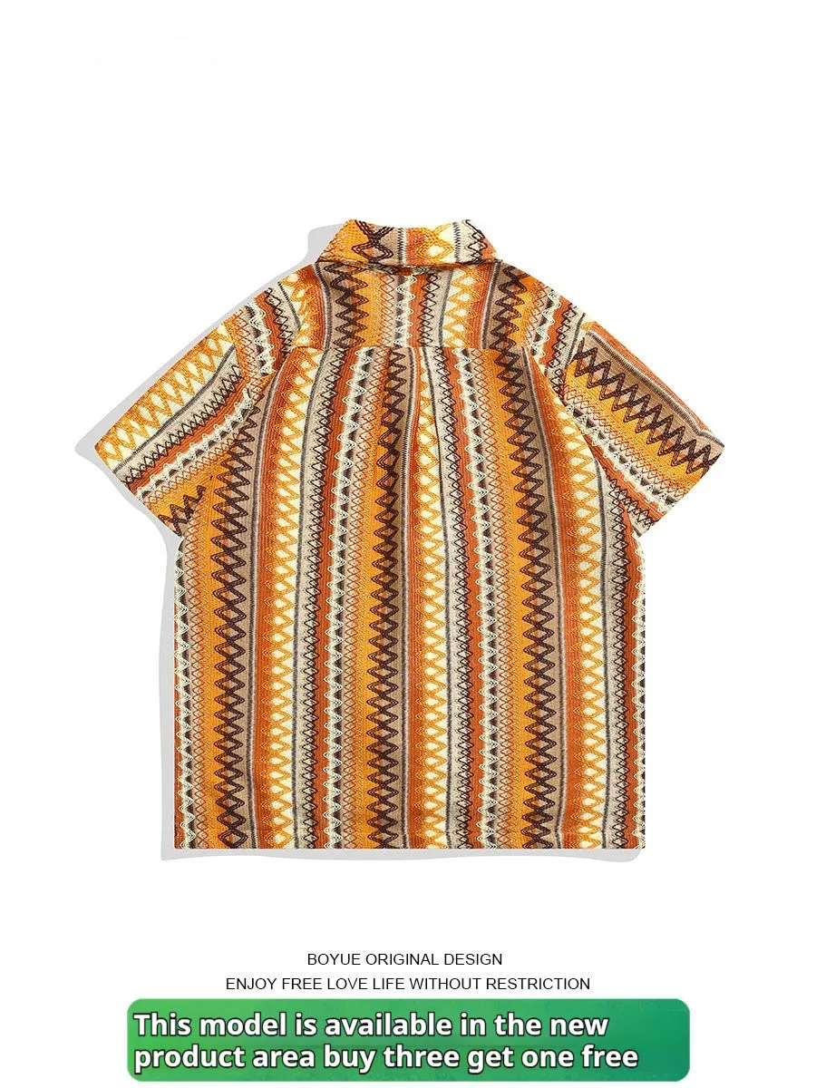 Ethnic woven Cuban collar shirt with contrast colours and drop-shoulder short sleeves