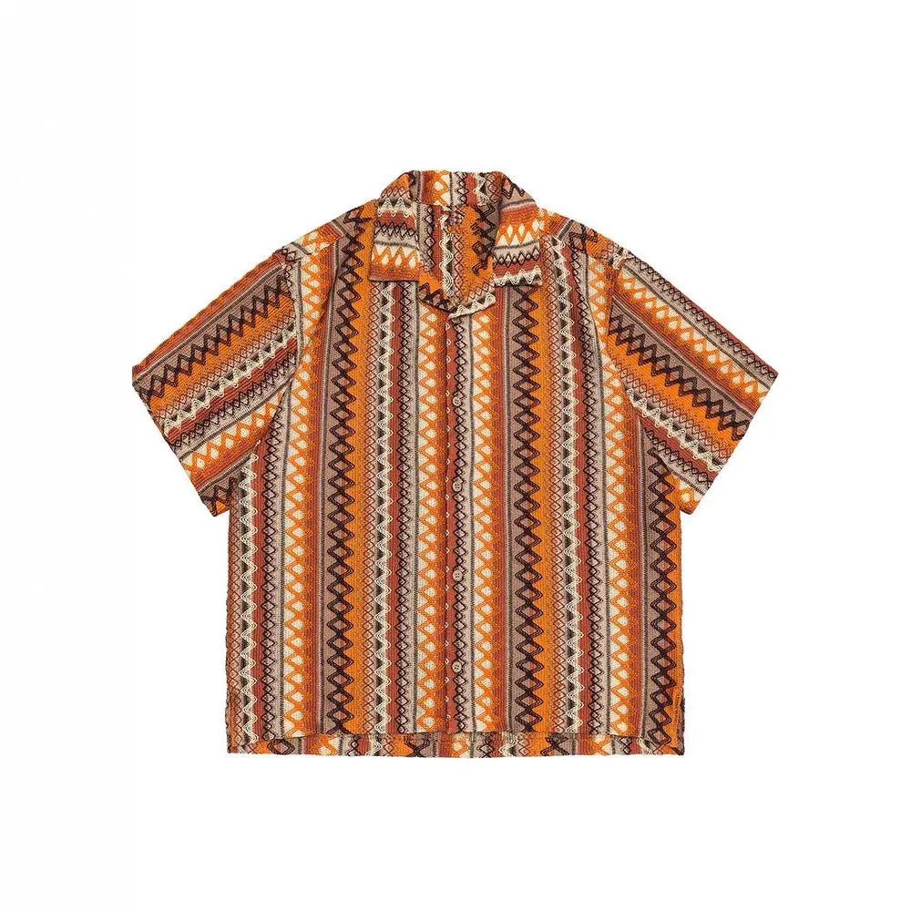 Ethnic woven Cuban collar shirt with contrast colours and drop-shoulder short sleeves