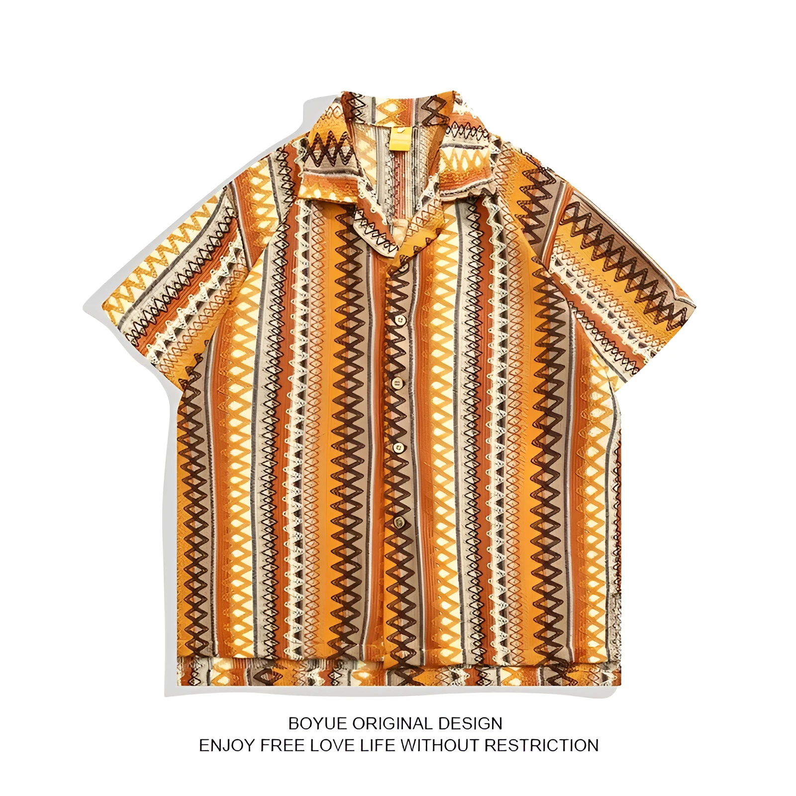 Ethnic woven Cuban collar shirt with contrast colours and drop-shoulder short sleeves