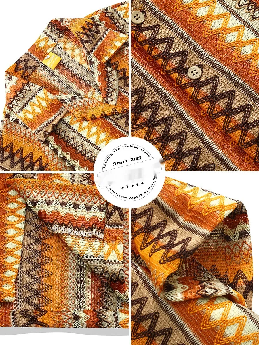 Ethnic woven Cuban collar shirt with contrast colours and drop-shoulder short sleeves