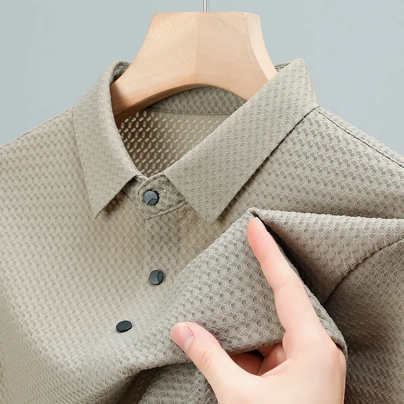 Summer men's short-sleeved casual polo shirt in khaki with collar, regular fit