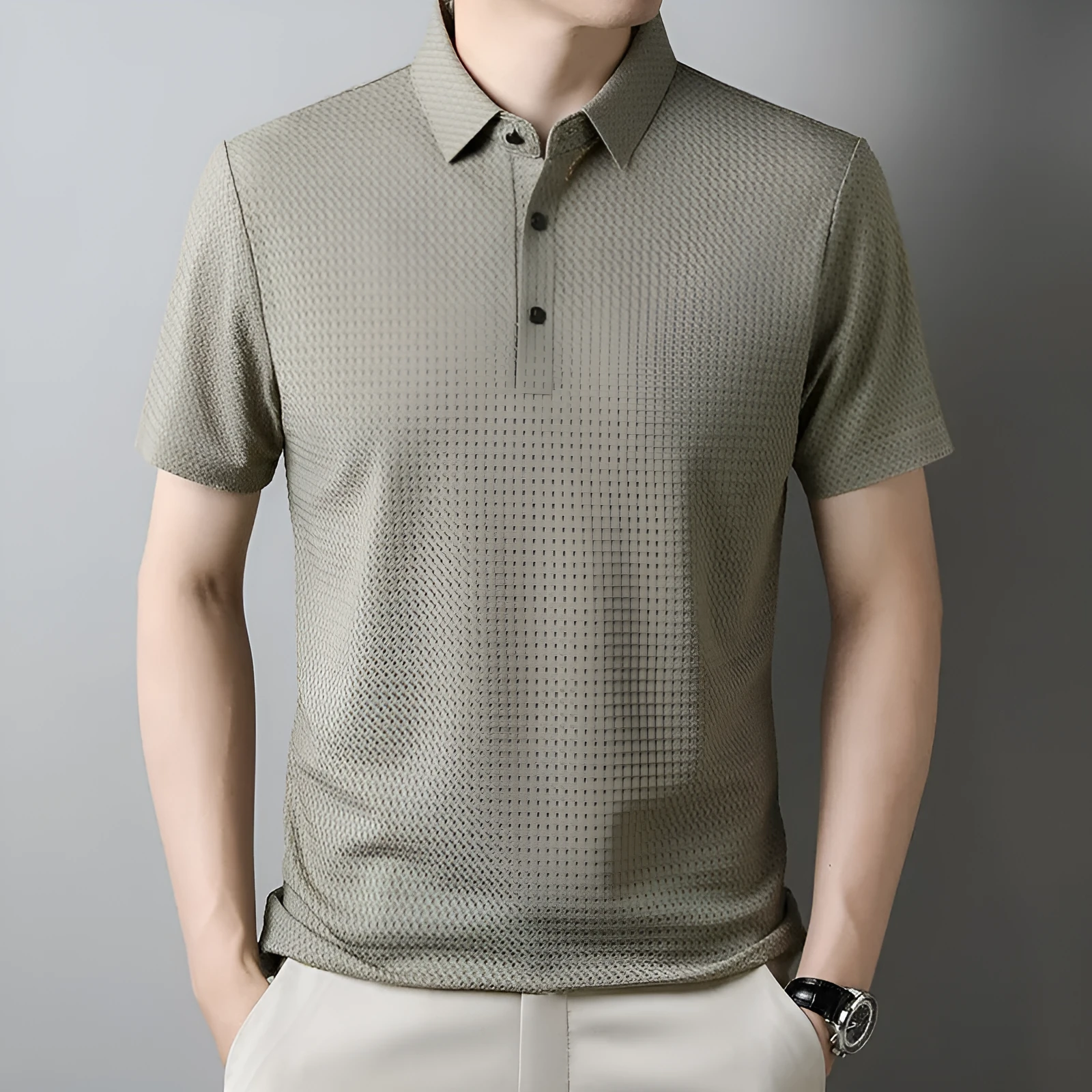 Summer men's short-sleeved casual polo shirt in khaki with collar, regular fit