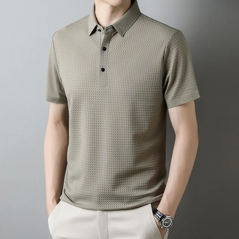 Summer men's short-sleeved casual polo shirt in khaki with collar, regular fit