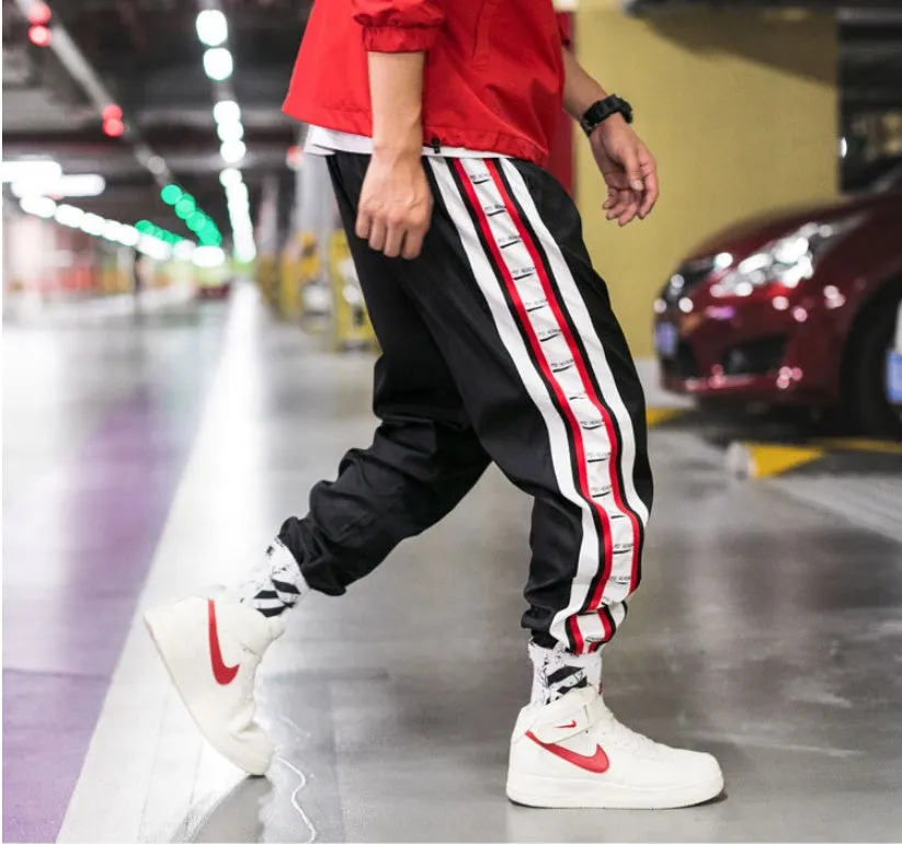 Cotton harem jogger with belt, stripe pattern, black blue nine length pants for men