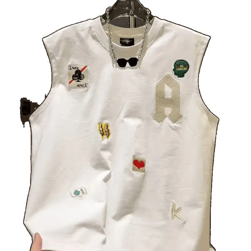 Men's white cotton sleeveless vest t-shirt with cartoon print design, loose fit