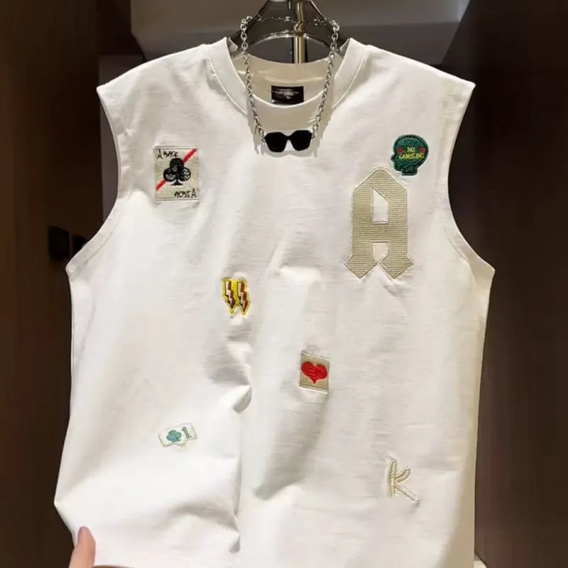Men's white cotton sleeveless vest t-shirt with cartoon print design, loose fit
