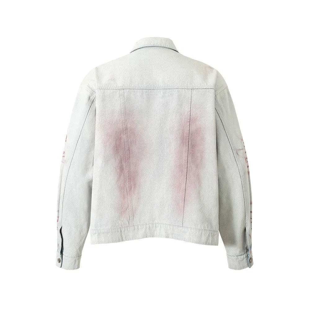 Men's blue inkjet tie-dyed cotton denim loose jacket with long sleeves and straight hem