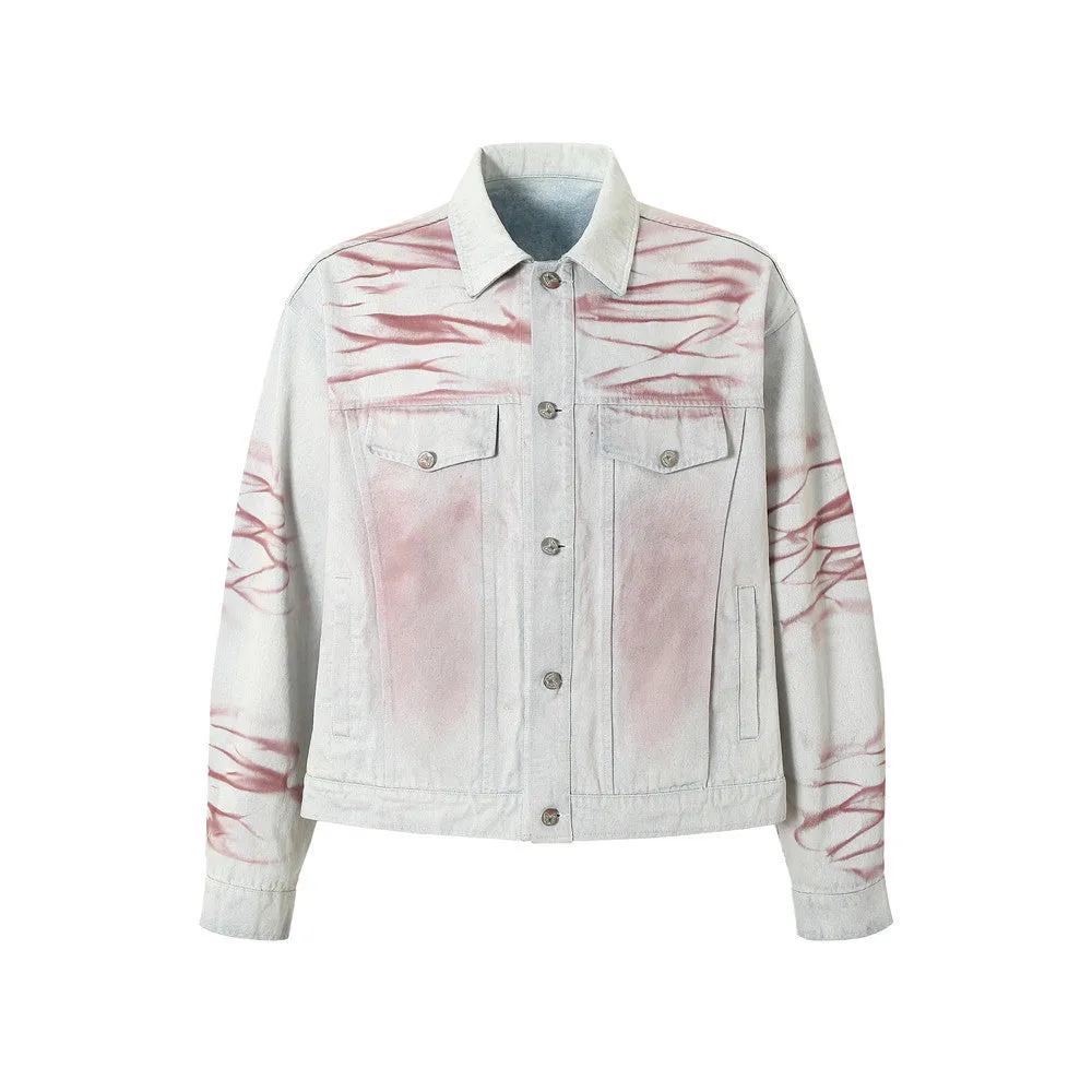Men's blue inkjet tie-dyed cotton denim loose jacket with long sleeves and straight hem