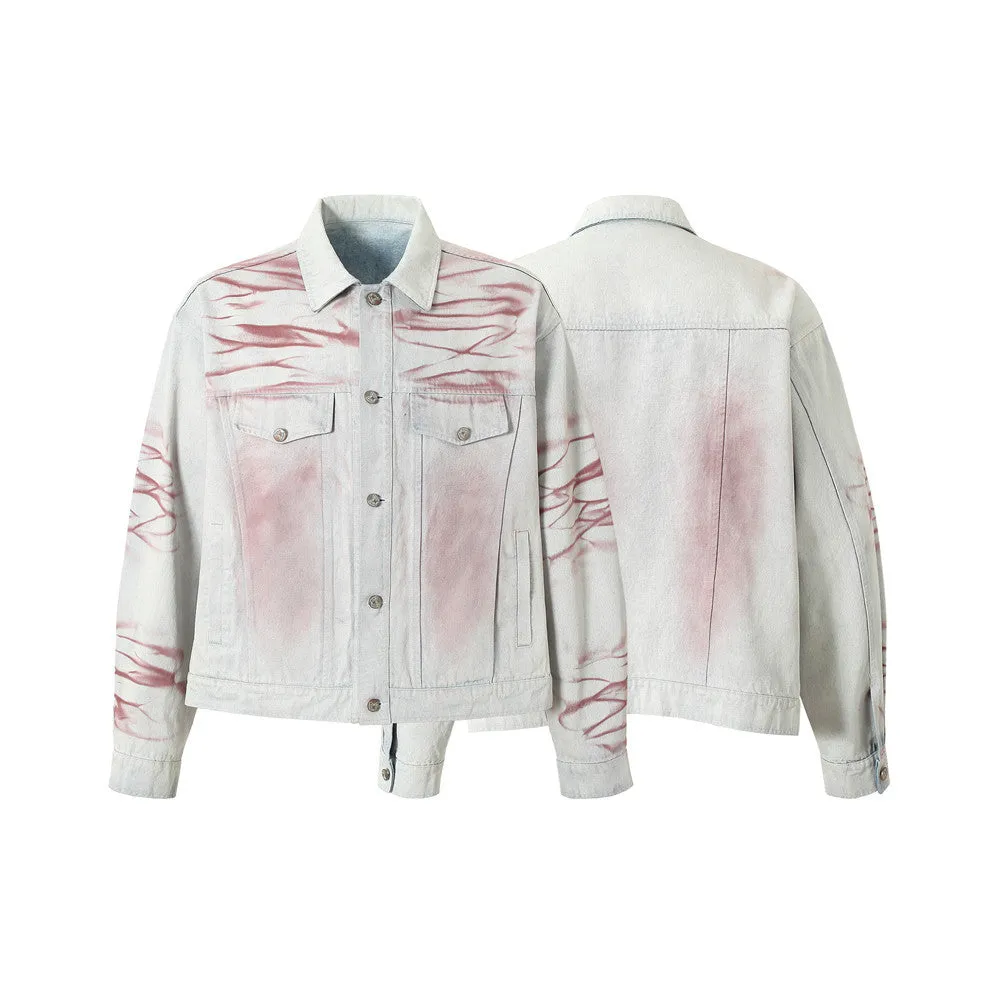 Men's blue inkjet tie-dyed cotton denim loose jacket with long sleeves and straight hem