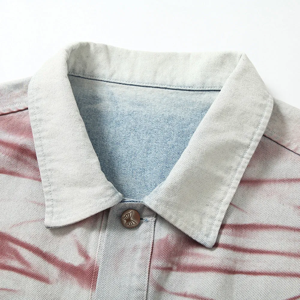Men's blue inkjet tie-dyed cotton denim loose jacket with long sleeves and straight hem