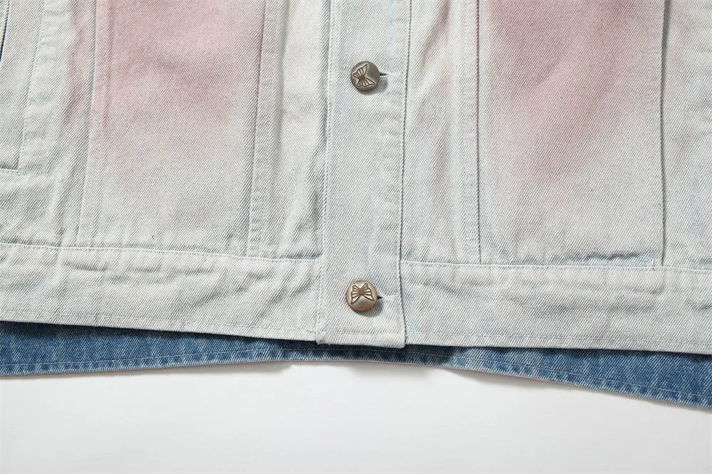 Men's blue inkjet tie-dyed cotton denim loose jacket with long sleeves and straight hem