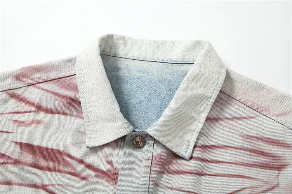 Men's blue inkjet tie-dyed cotton denim loose jacket with long sleeves and straight hem