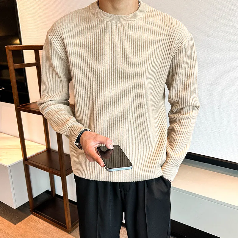 Men's thick bamboo fibre ice silk sweater in light gray, loose fit, round neck, striped pattern