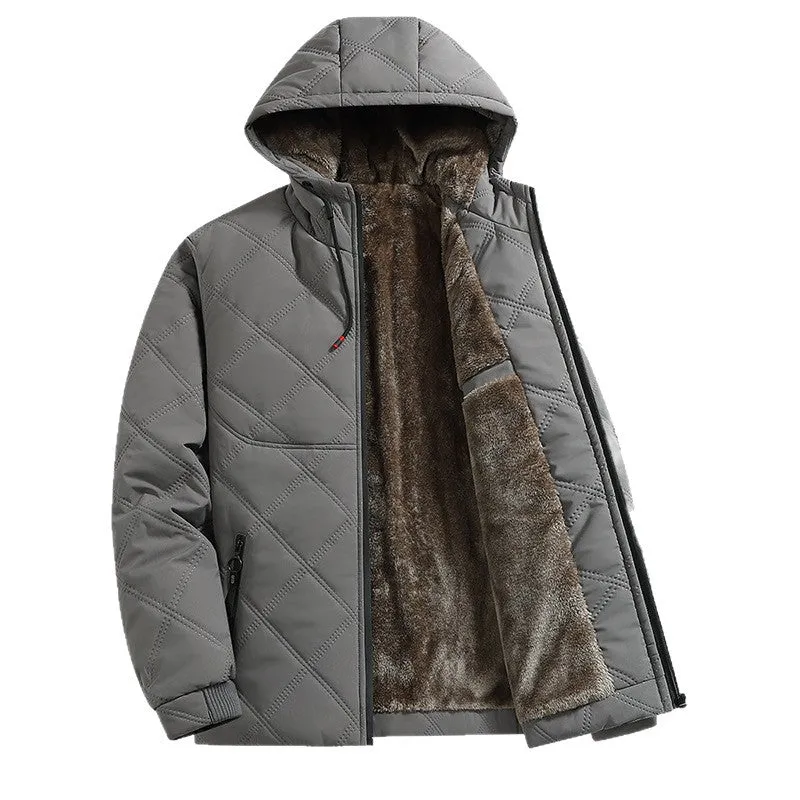 Men's casual hooded jacket with stand-up collar, loose fit, cotton lining, side pockets, beige colour
