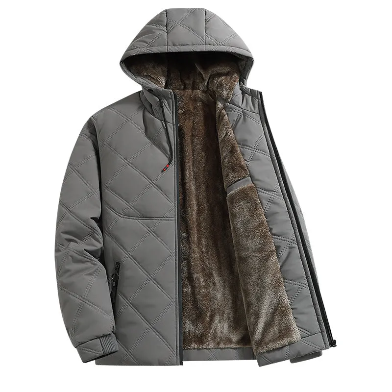 Men's casual hooded jacket with stand-up collar, loose fit, cotton lining, side pockets, beige colour
