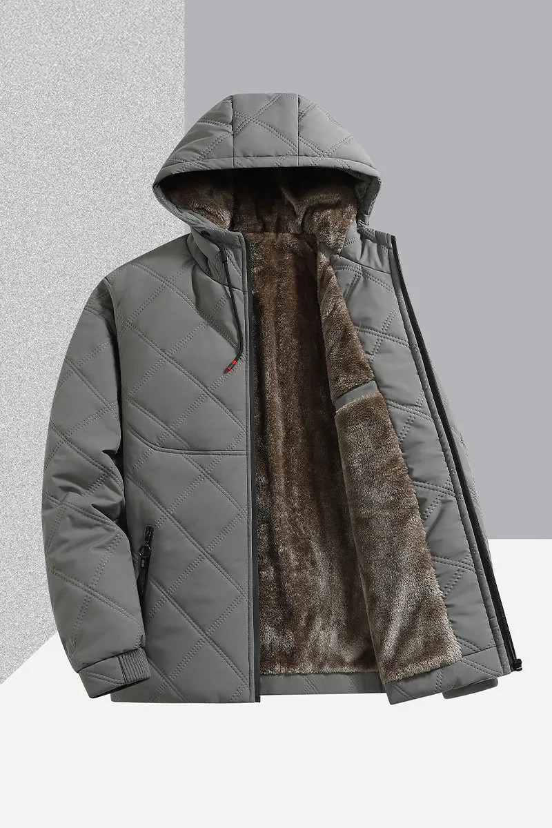 Men's casual hooded jacket with stand-up collar, loose fit, cotton lining, side pockets, beige colour