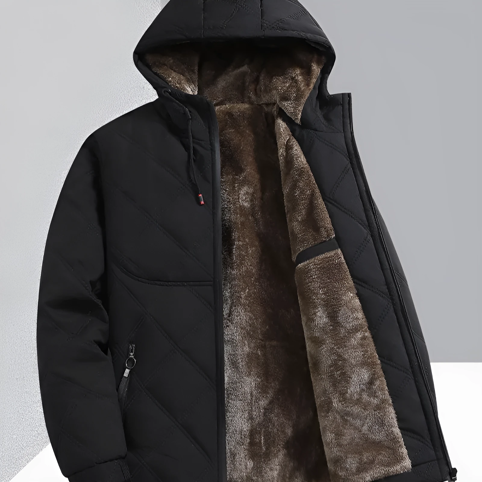 Men's casual hooded jacket with stand-up collar, loose fit, cotton lining, side pockets, beige colour