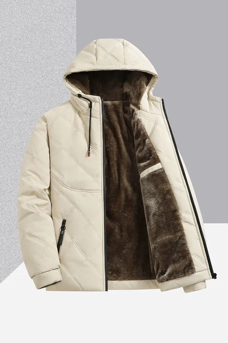 Men's casual hooded jacket with stand-up collar, loose fit, cotton lining, side pockets, beige colour