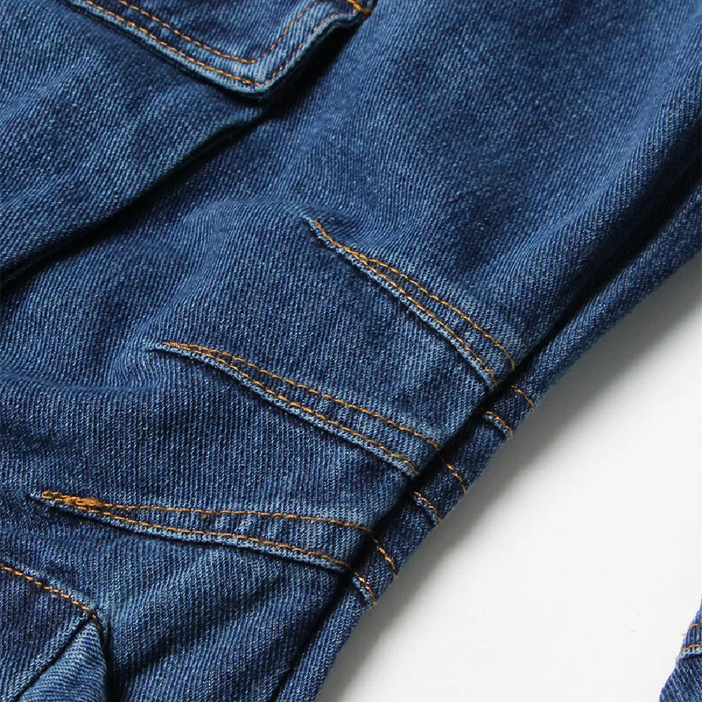 Women's blue baggy wide leg jeans with multi-pockets and denim cotton fabric