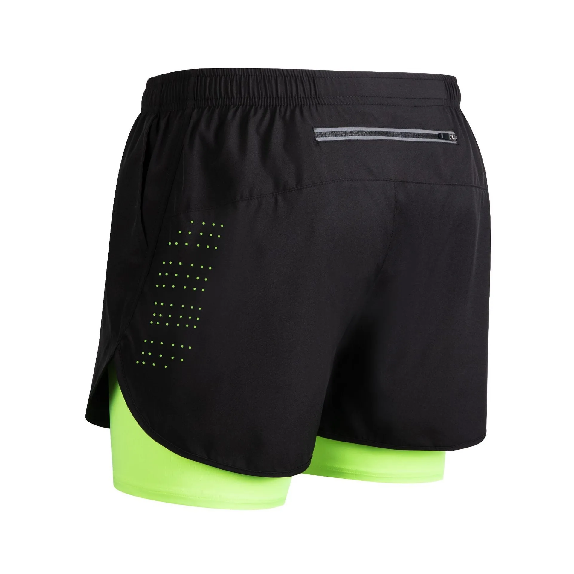 Men's quick-dry double-layer anti-exposure fitness shorts in black, showing waistband and side view