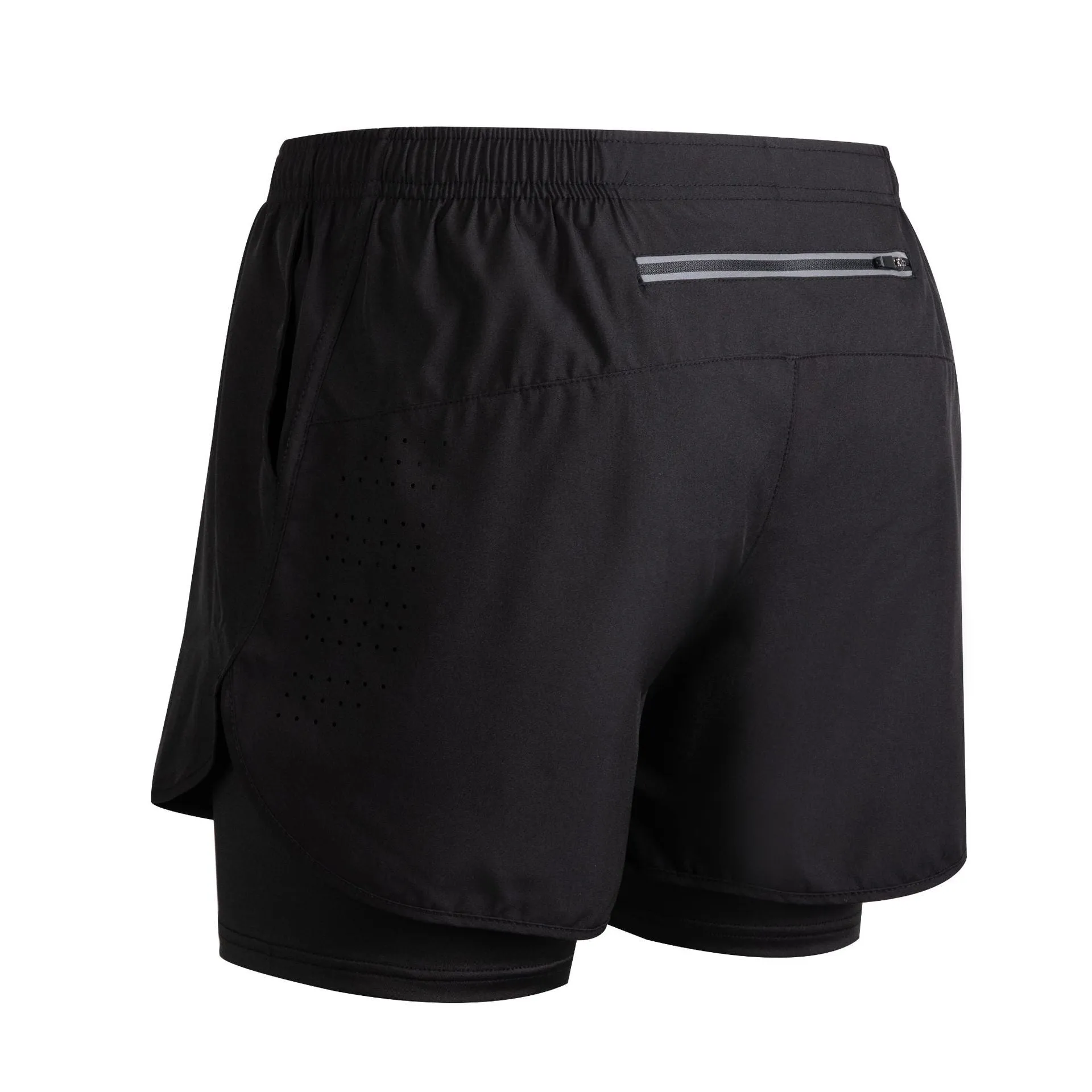 Men's quick-dry double-layer anti-exposure fitness shorts in black, showing waistband and side view