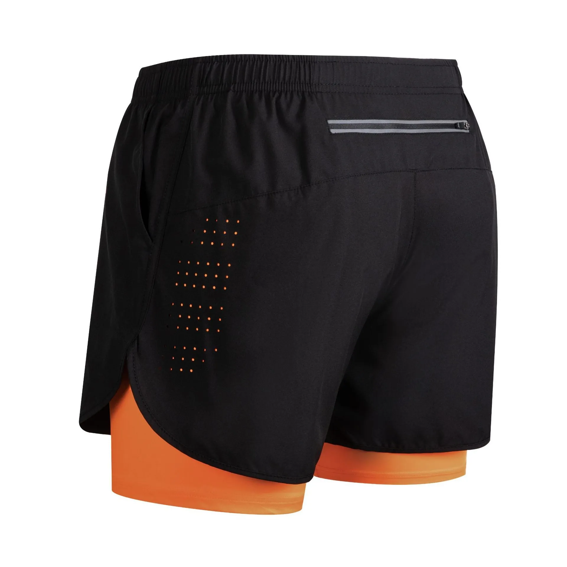 Men's quick-dry double-layer anti-exposure fitness shorts in black, showing waistband and side view
