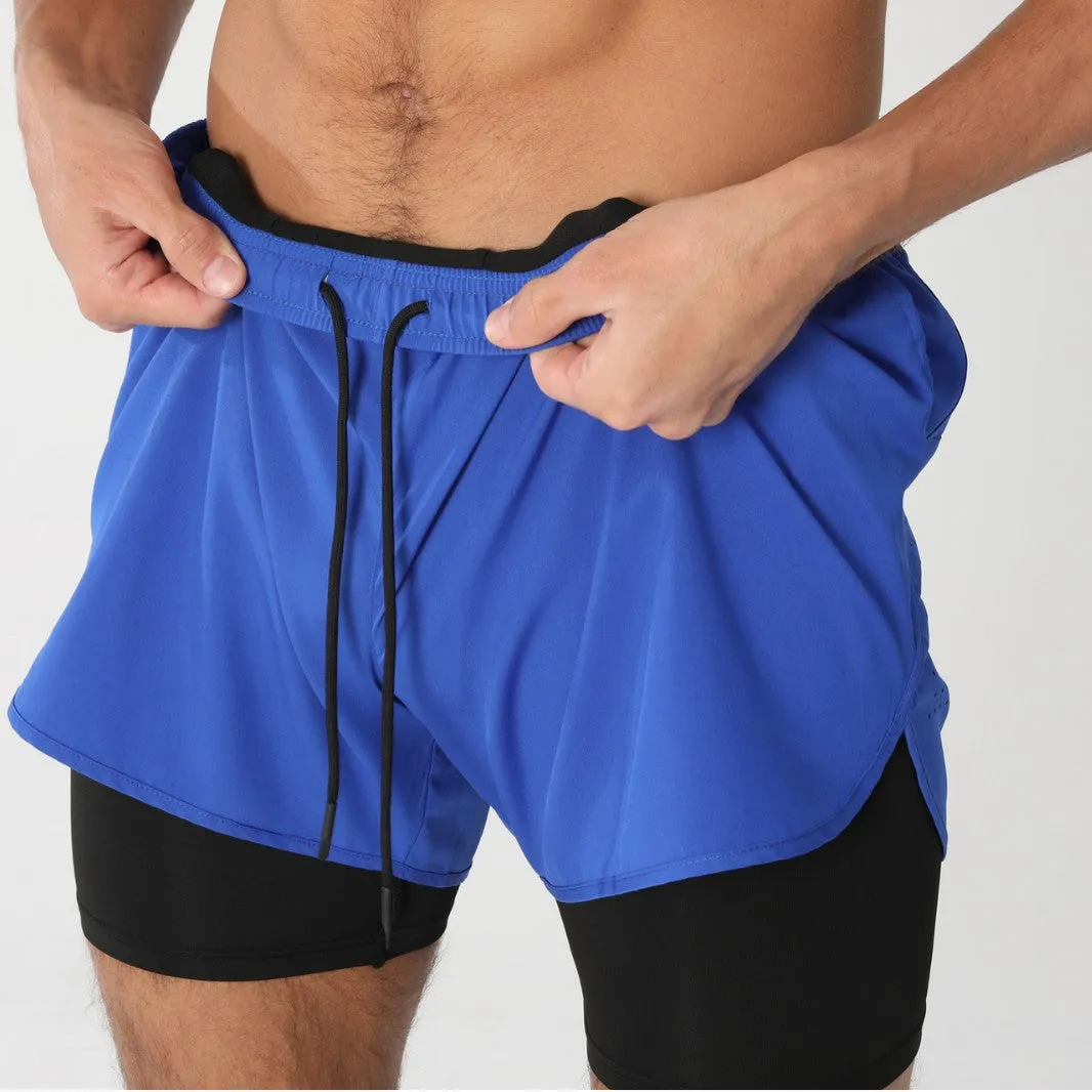 Men's quick-dry double-layer anti-exposure fitness shorts in black, showing waistband and side view