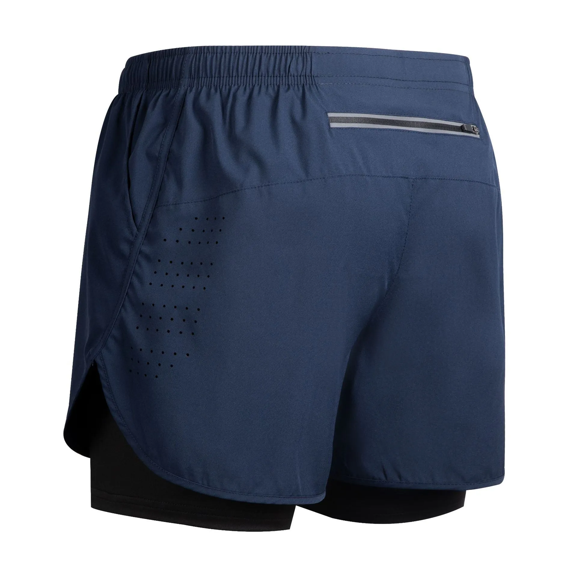 Men's quick-dry double-layer anti-exposure fitness shorts in black, showing waistband and side view