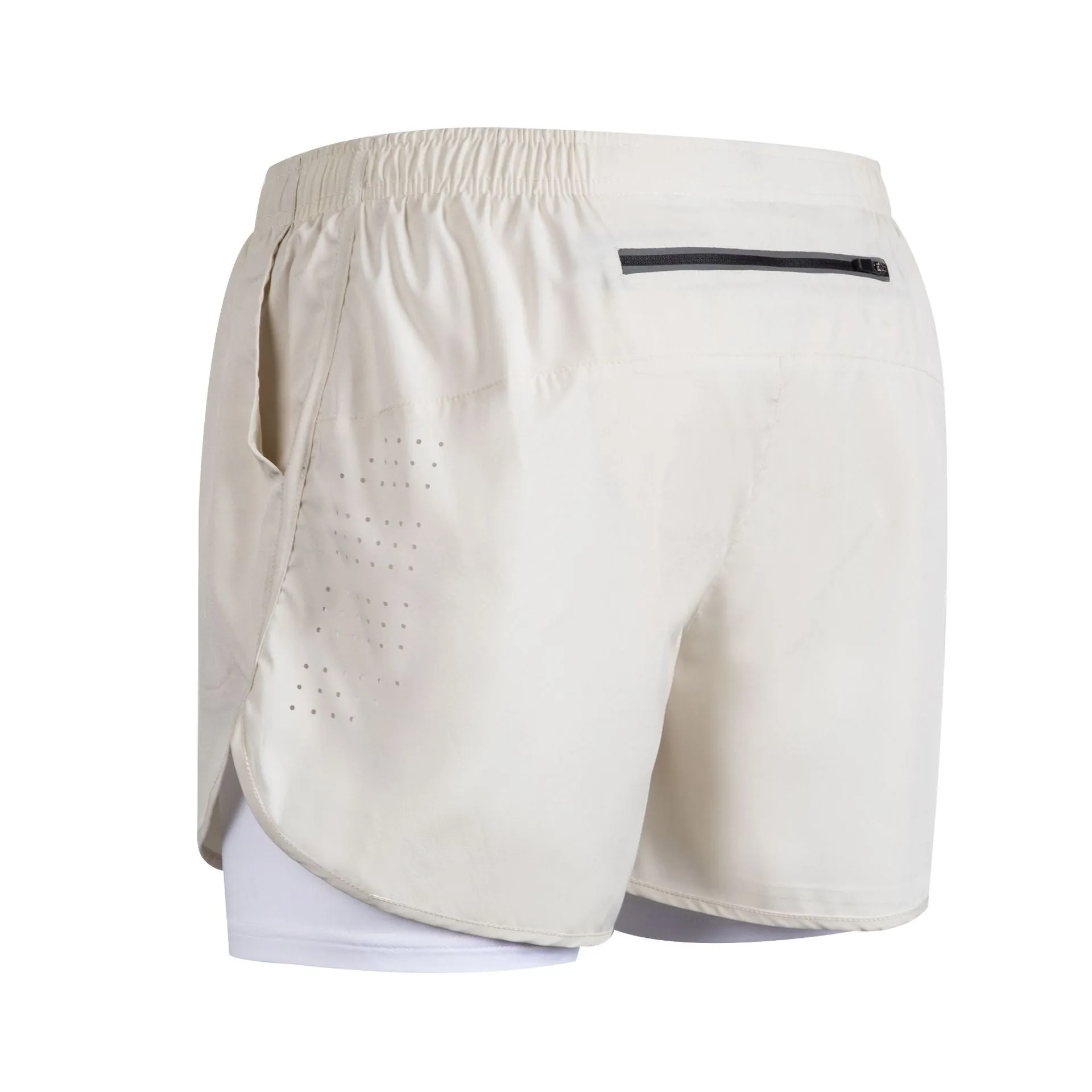 Men's quick-dry double-layer anti-exposure fitness shorts in black, showing waistband and side view
