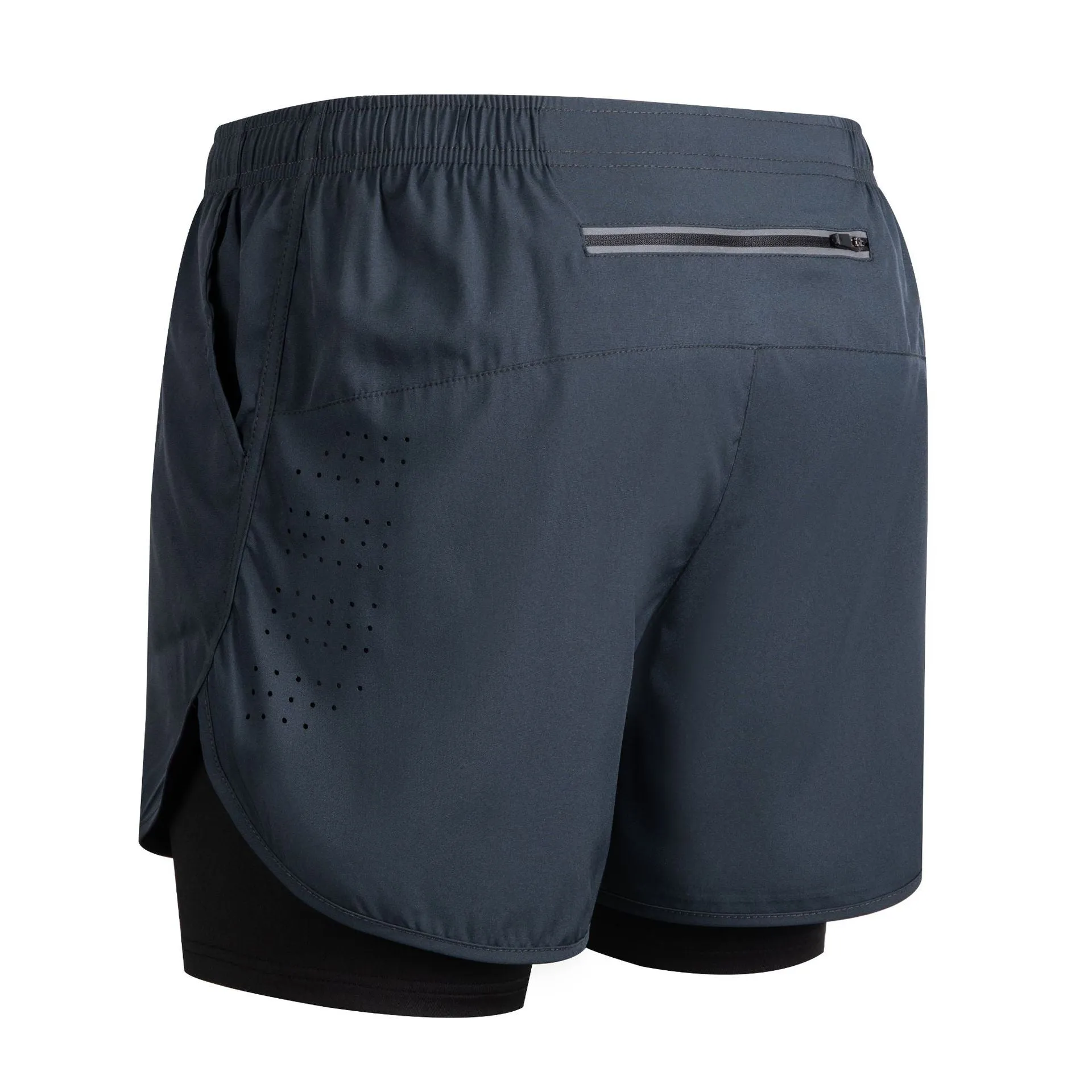 Men's quick-dry double-layer anti-exposure fitness shorts in black, showing waistband and side view