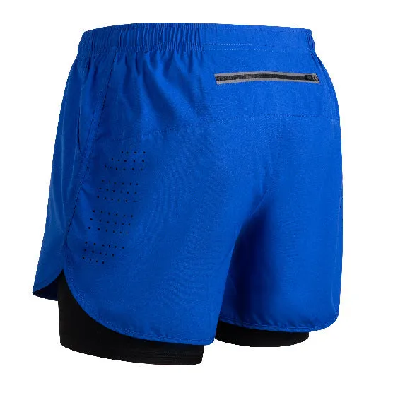 Men's quick-dry double-layer anti-exposure fitness shorts in black, showing waistband and side view