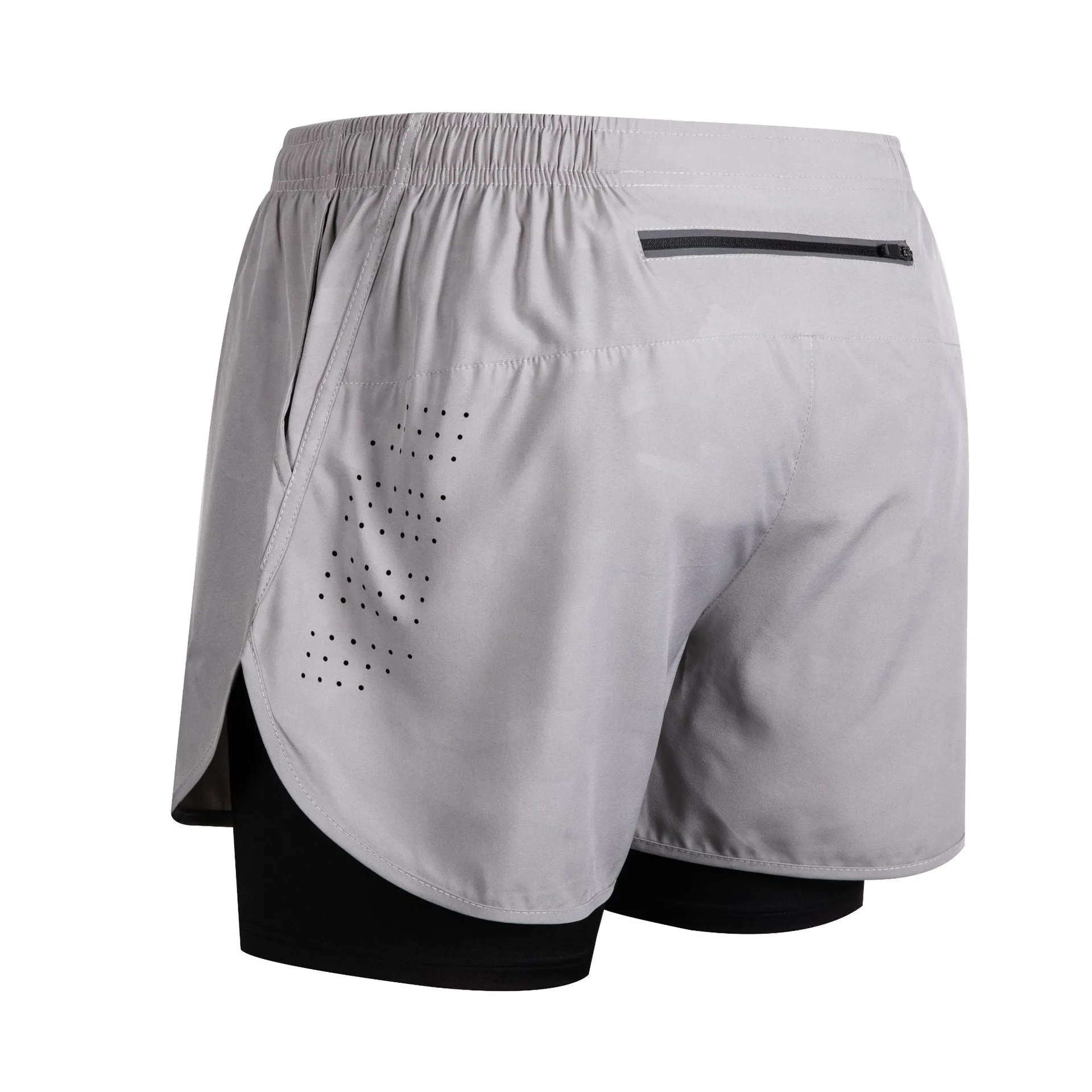 Men's quick-dry double-layer anti-exposure fitness shorts in black, showing waistband and side view