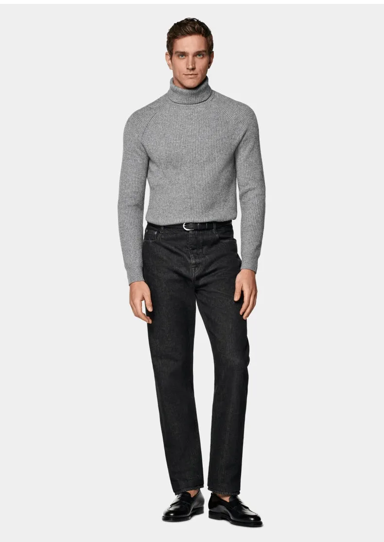 Men's cashmere high-neck knitted sweater in gray, long sleeve pullover, 100% cashmere