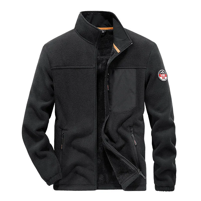 Men's grey thick fleece cardigan jacket with zipper pockets on a solid colour background.