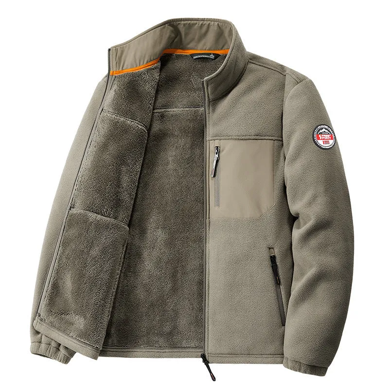 Men's grey thick fleece cardigan jacket with zipper pockets on a solid colour background.