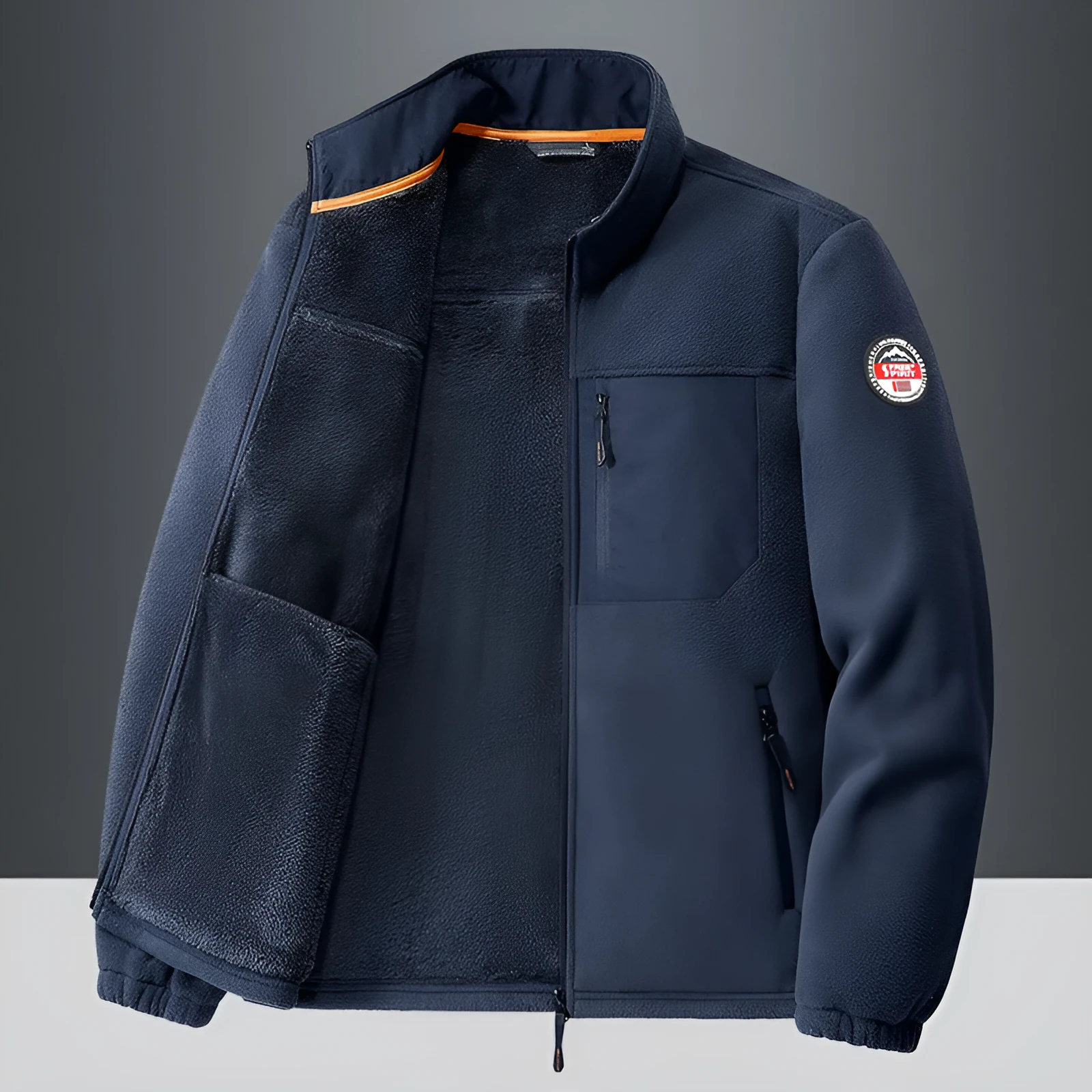 Men's grey thick fleece cardigan jacket with zipper pockets on a solid colour background.