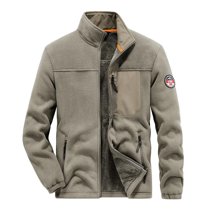 Men's grey thick fleece cardigan jacket with zipper pockets on a solid colour background.
