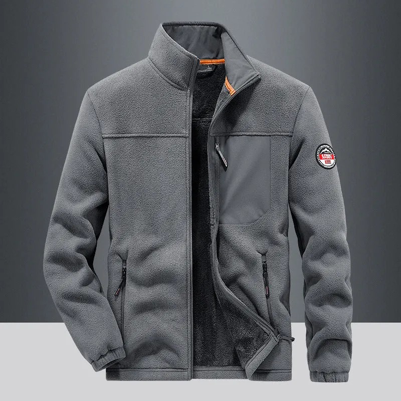 Men's grey thick fleece cardigan jacket with zipper pockets on a solid colour background.