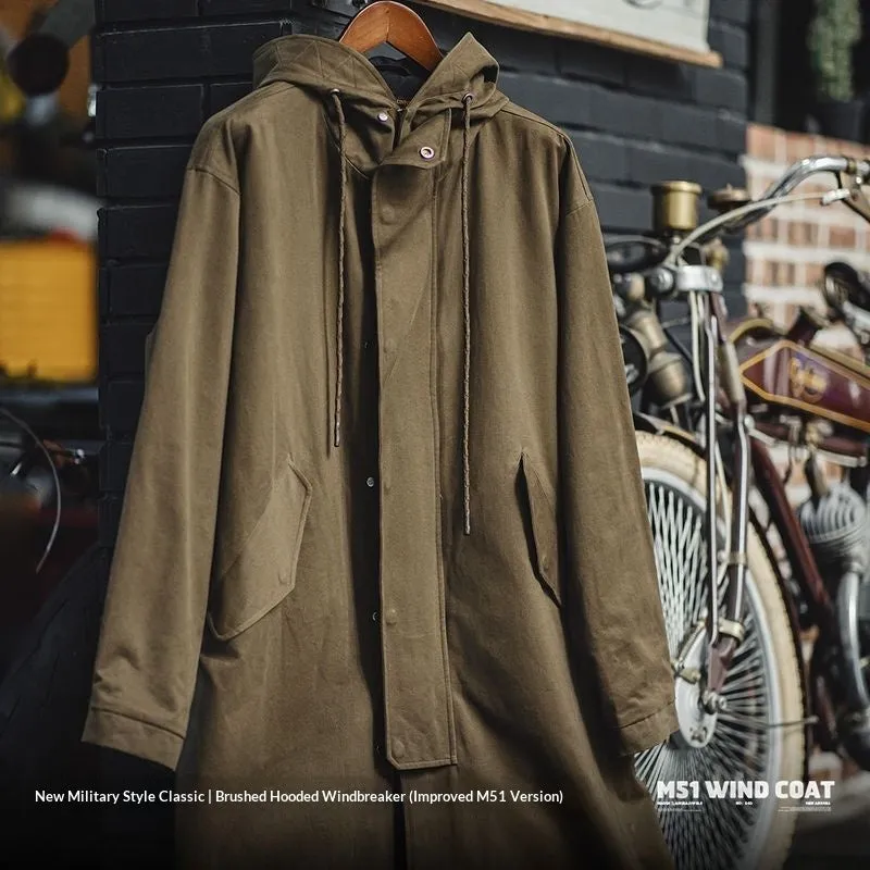 Men's military style brushed fleece hooded windbreaker loose pure cotton mid-length coat autumn brown