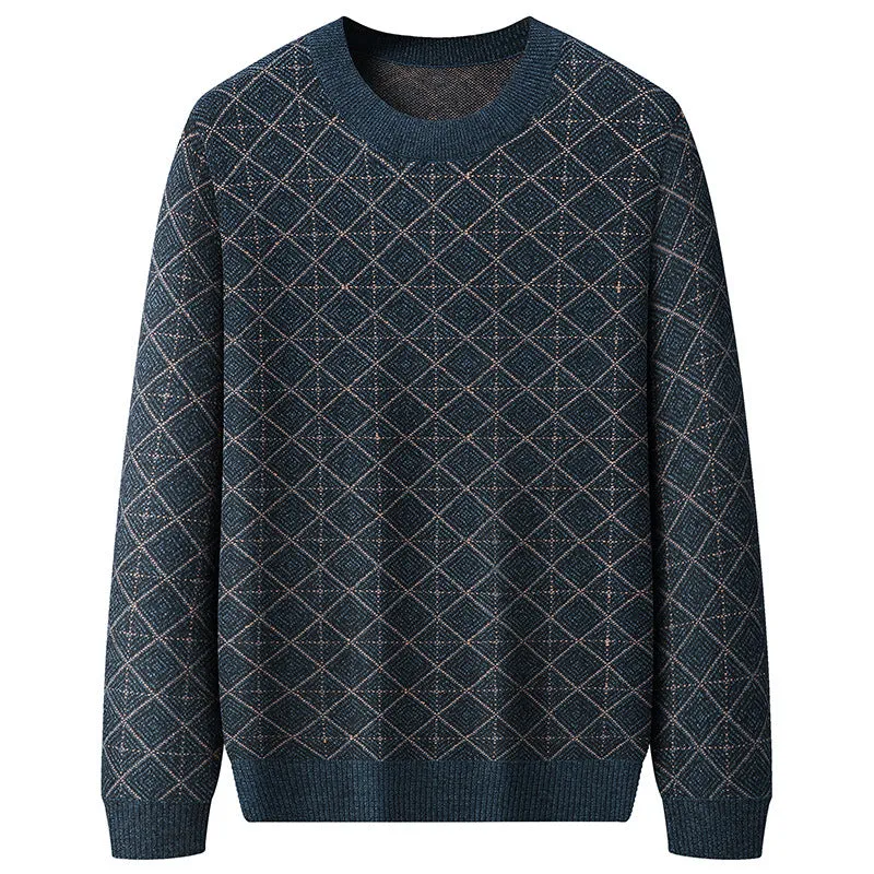 Men's round neck loose pullover sweater in blue, plus size, chemical fibre blend