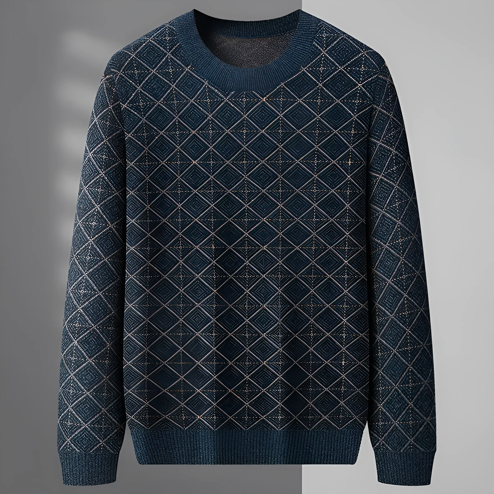 Men's round neck loose pullover sweater in blue, plus size, chemical fibre blend