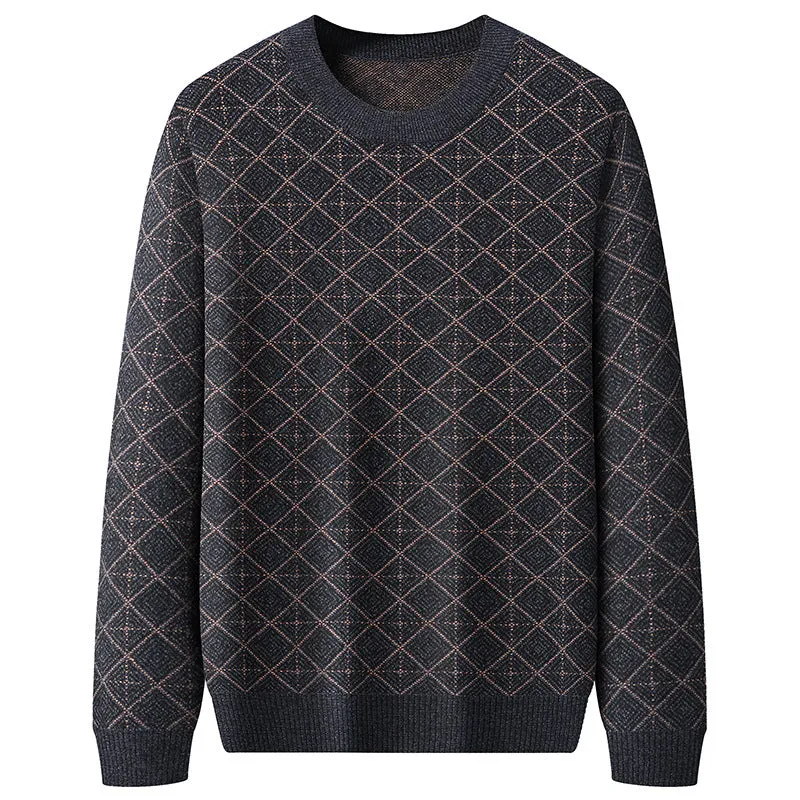 Men's round neck loose pullover sweater in blue, plus size, chemical fibre blend