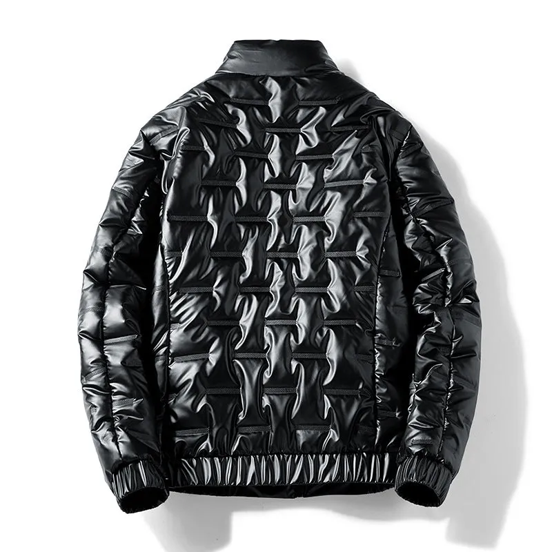 Plus-size women's shiny thick cotton winter coat in black cardigan style with side pockets and slim fit