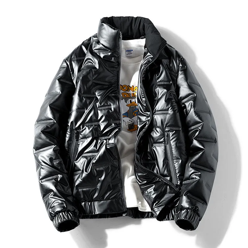 Plus-size women's shiny thick cotton winter coat in black cardigan style with side pockets and slim fit