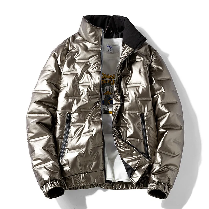 Plus-size women's shiny thick cotton winter coat in black cardigan style with side pockets and slim fit